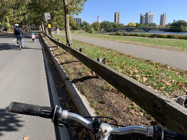 Picture of a grassy walkway beside a river with buildings in the background.