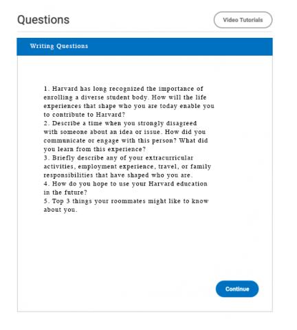 Screenshot of Harvard supplement writing prompts